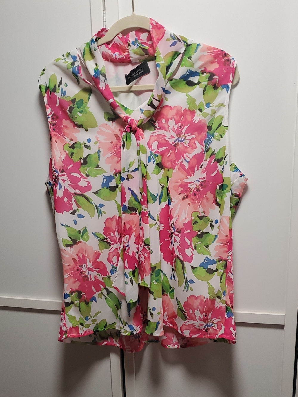 Evan Picone Floral Tie-Neck Sleeveless Blouse - Pink, Green, Blue on White